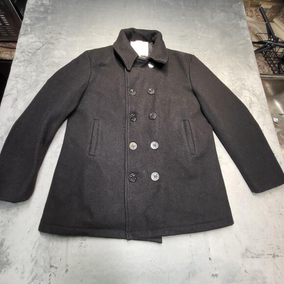 Sterlingwear Boston Pea Coat Mens 46L Black Wool Made in USA Navy Anchor Buttons - Picture 1 of 12